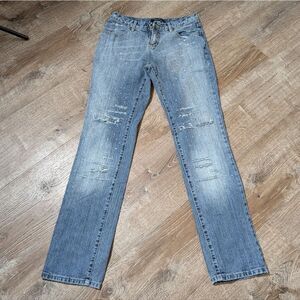 Celestino Rhinestone Embellished Low Rise Distressed Bootcut Jeans